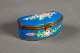 LIMOGES HAND PAINTED AND GILT METAL MOUNTED PORCELAIN PILL BOX, of shaped oblong form with hinged