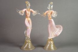 PAIR OF MURANO PINK AND AVENTURINE GLASS MODELS OF DANCERS, each modelled in a stylised pose, on a