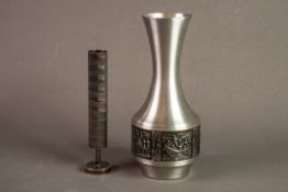 STYLISH SLVER PLATED CYLINDRICAL BUD VASE, on pedestal foot, stamped M&R, 6 ½” (16.5cm) high,