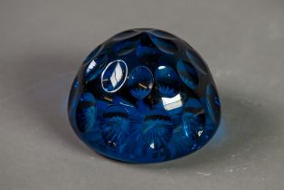 PROBABLY WEBB CORBETT BLUE GLASS ‘STAR OPTIC’ PAPERWEIGHT, 2 ¼” (5.8cm) high, 3” (7.6cm) diameter,