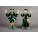 PAIR OF MURANO GREEN AND AVENTURINE GLASS FIGURAL TWIN LIGHT CANDLE HOLDERS, modelled as a lady