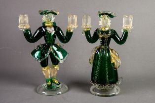 PAIR OF MURANO GREEN AND AVENTURINE GLASS FIGURAL TWIN LIGHT CANDLE HOLDERS, modelled as a lady