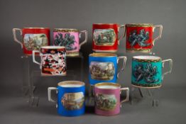 SIX NINETEENTH CENTURY PRATT & Co POTTERY MUGS, five printed with typical scenes on coloured ground,