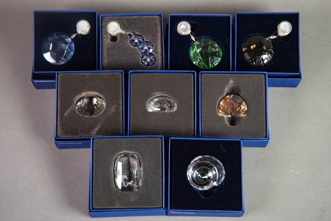 FIVE BOXED SWAROVSKI GLASS SMALL PAPERWEIGHTS, together with FOUR BOXED SWAROVSKI SUNCATCHERS, (9)