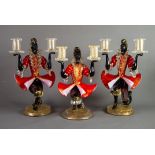 PAIR OF MURANO RED, BLACK AND AVENTURINE GLASS FIGURAL TWIN LIGHT CANDLE HOLDERS, each modelled in