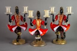 PAIR OF MURANO RED, BLACK AND AVENTURINE GLASS FIGURAL TWIN LIGHT CANDLE HOLDERS, each modelled in