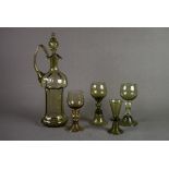 CONTINENTAL GREEN GLASS RUMMERS AND SIMILAR DRINKING GLASSES plus A PAIR OF TALL WINE JUGS AND