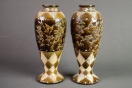 PAIR OF GROVE & STARK AESTHETIC MOVEMENT MOULDED POTTERY VASES, each of slender ovoid form with