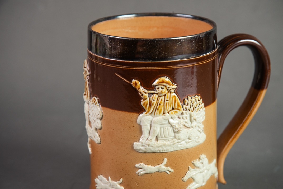 ROYAL DOULTON (LAMBETH) STONEWARE PINT MUG, sprigged with topers, huntsman, hounds and stag, - Image 3 of 6