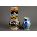 HANDERBIT, GERMANY, BLUE SALT GLAZED STONEWARE POTTERY JUG, painted with stylised flowers, 6” (15.