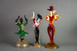 THREE MURANO COLOURED AND AVENTURINE GLASS FIGURES, comprising: ONE KNEELING IN GREEN, 11 ½” (29.