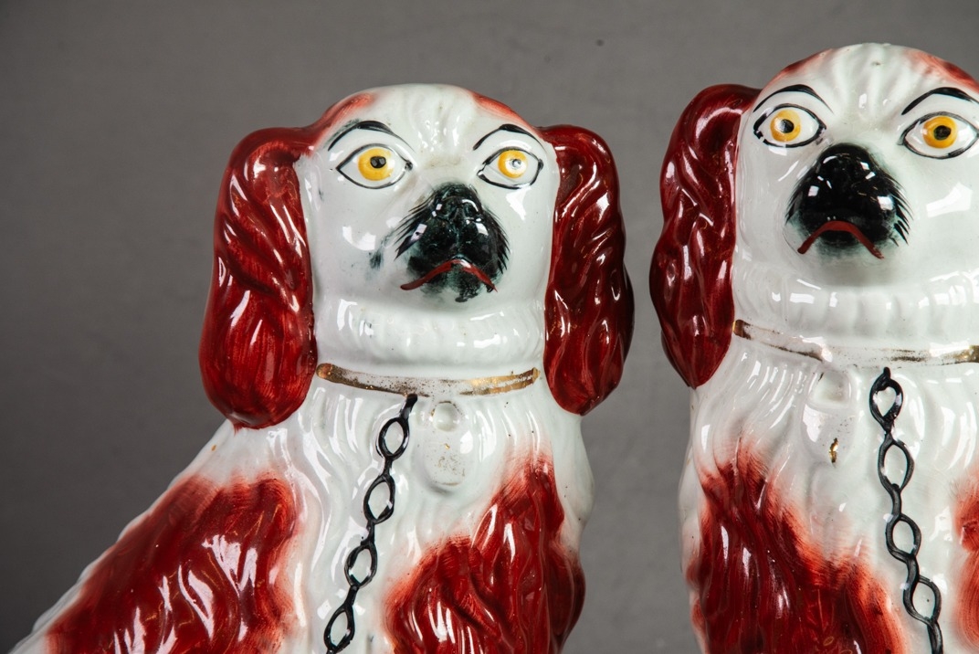 PAIR OF 19th CENTURY STAFFORDSHIRE POTTERY SEATED MANTEL DOGS, red/brown and white with collar and - Image 4 of 6