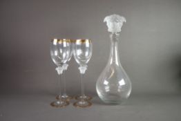 ROSENTHAL FOR VERSACE, CLEAR AND FROSTED GLASS DECANTER AND STOPPER AND SET OF FOUR MATCHING WINE