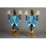 PAIR OF MURANO COLOURED AND AVENTURINE GLASS FIGURAL TWIN LIGHT CANDLE HOLDERS, each modelled