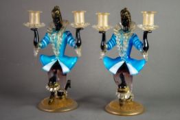 PAIR OF MURANO COLOURED AND AVENTURINE GLASS FIGURAL TWIN LIGHT CANDLE HOLDERS, each modelled