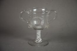 ANTIQUE OPAQUE TWIST TWO HANDLED GLASS LOVING CUP, of typical form with scroll handles, the stem