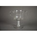 ANTIQUE OPAQUE TWIST TWO HANDLED GLASS LOVING CUP, of typical form with scroll handles, the stem