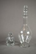 ENGRAVED GLASS DECANTER AND STOPPER, of footed form with pointed stopper, wheel cut with a trellis