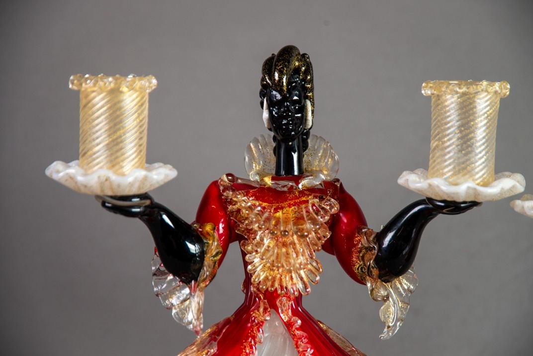 PAIR OF MURANO COLOURED AND AVENTURINE GLASS FEMALE FIGURAL TWIN LIGHT CANDLE HOLDERS, each modelled - Image 2 of 3