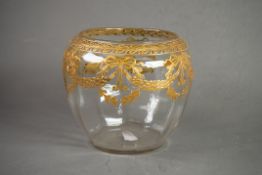 CONTINENTAL GLASS OVULAR BOWL with raised gilt ribbon bow and foliate festoon decoration, 6 1/2in (