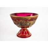 MODERN MURANO RUBY GLASS AND GILT BOWL, of footed form with thumb nail cut border to the base,