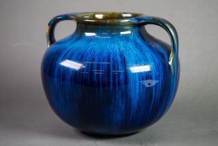 BOURNE DENBY WARE LARGE AND HEAVY TWO-HANDLED OVULAR VASE, with blue streaked glaze over the brown