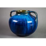 BOURNE DENBY WARE LARGE AND HEAVY TWO-HANDLED OVULAR VASE, with blue streaked glaze over the brown