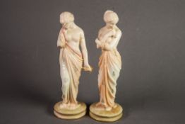 PAIR OF VICTORIAN ROYAL WORCESTER BLUSH IVORY SEMI-DRAPED CLASSICAL FEMALE ALLEGORICAL FIGURES, each