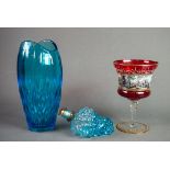 ITALIAN RUBY STAINED GLASS LARGE DECORATIVE GOBLET with printed vista girdle to the bowl, on