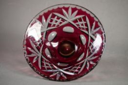 RUBY STAINED AND CUT GLASS CONICAL FRUIT BOWL, raised on plain glass pedestal foot, 8 1/4in (20.7cm)