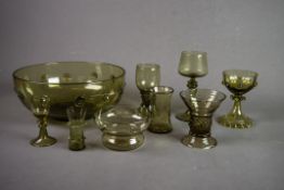 SET OF 8 CONTINENTAL PALE GREEN GLASS RUMMERS each with cup-shaped fluted bowl applied with