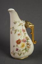 LATE VICTORIAN ROYAL WORCESTER PORCELAIN JUG with unusual GILDED RAM'S-HEAD SCROLL HANDLE, the IVORY