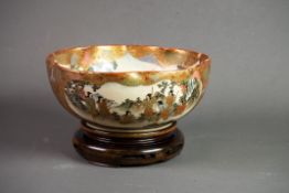 JAPANESE MEIJI PERIOD HAND PAINTED SATSUMA POTTERY BOWL, of footed form with shaped rim, well