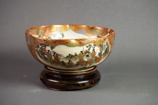 JAPANESE MEIJI PERIOD HAND PAINTED SATSUMA POTTERY BOWL, of footed form with shaped rim, well