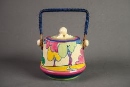 CLARICE CLIFF, NEWPORT POTTERY, BIZARRE 'FANTASQUE' WOODLAND PATTERN BISCUIT BARREL with COVER and