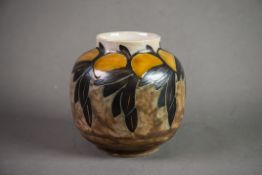 ROYAL DOULTON ART POTTERY VASE, of globular, footed form, painted in tones of brown and yellow