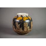 ROYAL DOULTON ART POTTERY VASE, of globular, footed form, painted in tones of brown and yellow