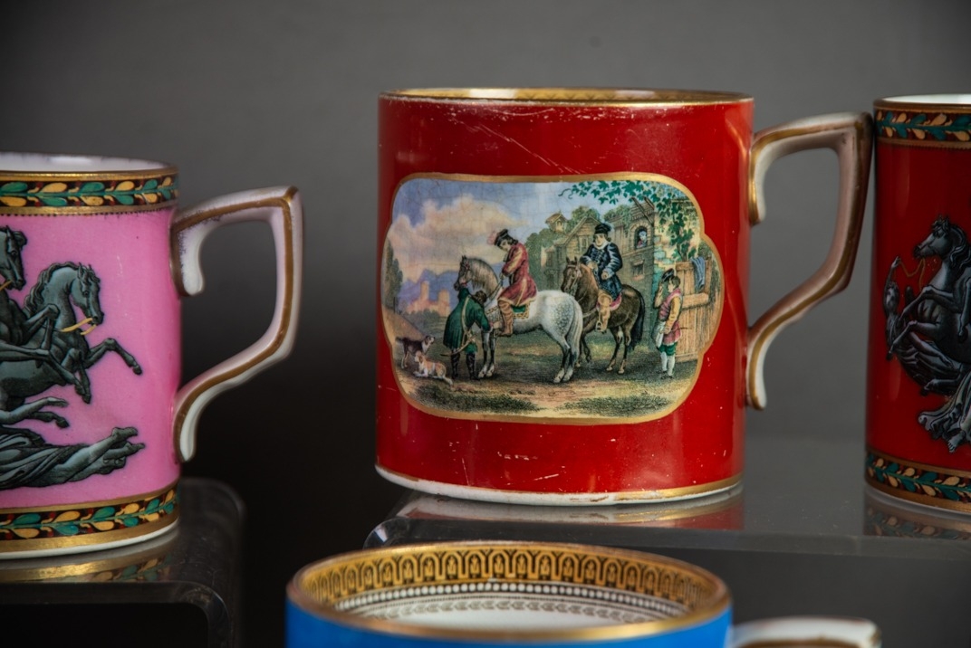 SIX NINETEENTH CENTURY PRATT & Co POTTERY MUGS, five printed with typical scenes on coloured ground, - Image 3 of 5