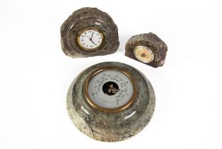 CORNISH SERPENTINE: Wall mounted barometer, lacking crystal, plus a free-standing mantel clock