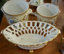 TWO VISTA ALEGRA, PORTUGUESE PORCELAIN TWO HANDLED JARDINERES, IN SIZES, HAND PAINTED IN RESERVES