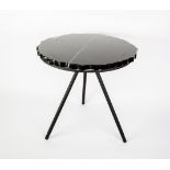 PTMD BLACK VEINED MARBLE AND BLACK METAL LAMP TABLE, the circular top with pie crust edge, raised on