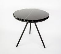 PTMD BLACK VEINED MARBLE AND BLACK METAL LAMP TABLE, the circular top with pie crust edge, raised on