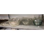 A SELECTION OF MOULDED GLASS BOWLS, ONE WITH SILVER COLOURED METAL RIM, VARIOUS SIZES. TOGETHER WITH
