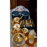 ROYAL WORCESTER GILT HEAT-PROOF CHINA VIZ, TWO TEAPOTS; TWO HANDLED SUGAR BASIN AND COVER, LARGE