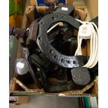 LARGE HORSESHOE TABLE LAMP, SMALLER ASSORTED BRITISH AND EUROPEAN HORSESHOES AND COBBLERS LAST (
