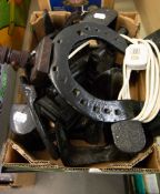 LARGE HORSESHOE TABLE LAMP, SMALLER ASSORTED BRITISH AND EUROPEAN HORSESHOES AND COBBLERS LAST (