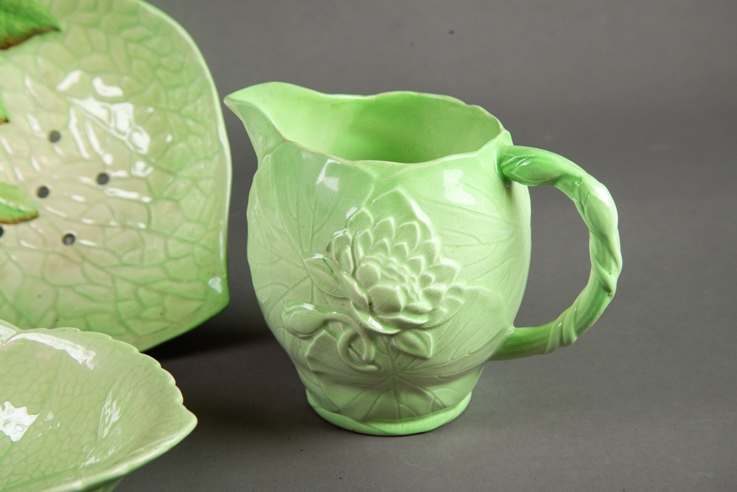 FIVE PIECES OF CARLTON WARE GREEN GLAZED MOULDED POTTERY WITH FLORAL DECORATION, comprising: - Image 3 of 4