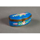 LIMOGES HAND PAINTED AND GILT METAL MOUNTED PORCELAIN PILL BOX, of shaped oblong form with hinged