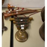 SMALL FOUR KEY XYLOPHONE/GLOCKENSPIEL WITH RESONATING TUBES, A SMALL CAST BRASS ALARM BELL WITH