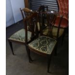 SET OF EDWARDIAN DARK MAHOGANY DRAWING ROOM CHAIRS WITH PIERCED SPLAT BACKS AND PAD SEATS, VIZ, FOUR